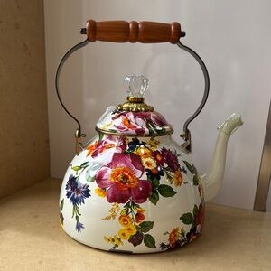 Floral Enamel Teapot with Wooden Handle
